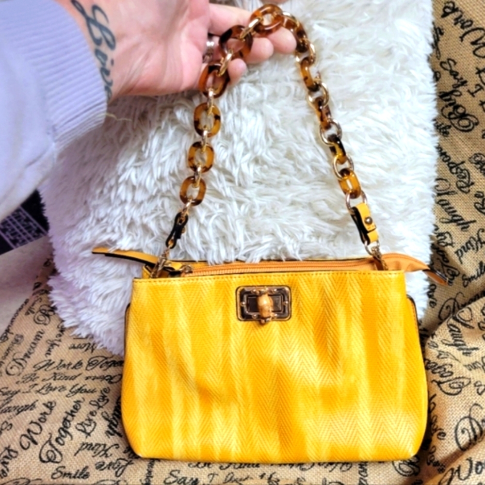 Sondra Roberts Squared yellow hand bag tortoise chain gold